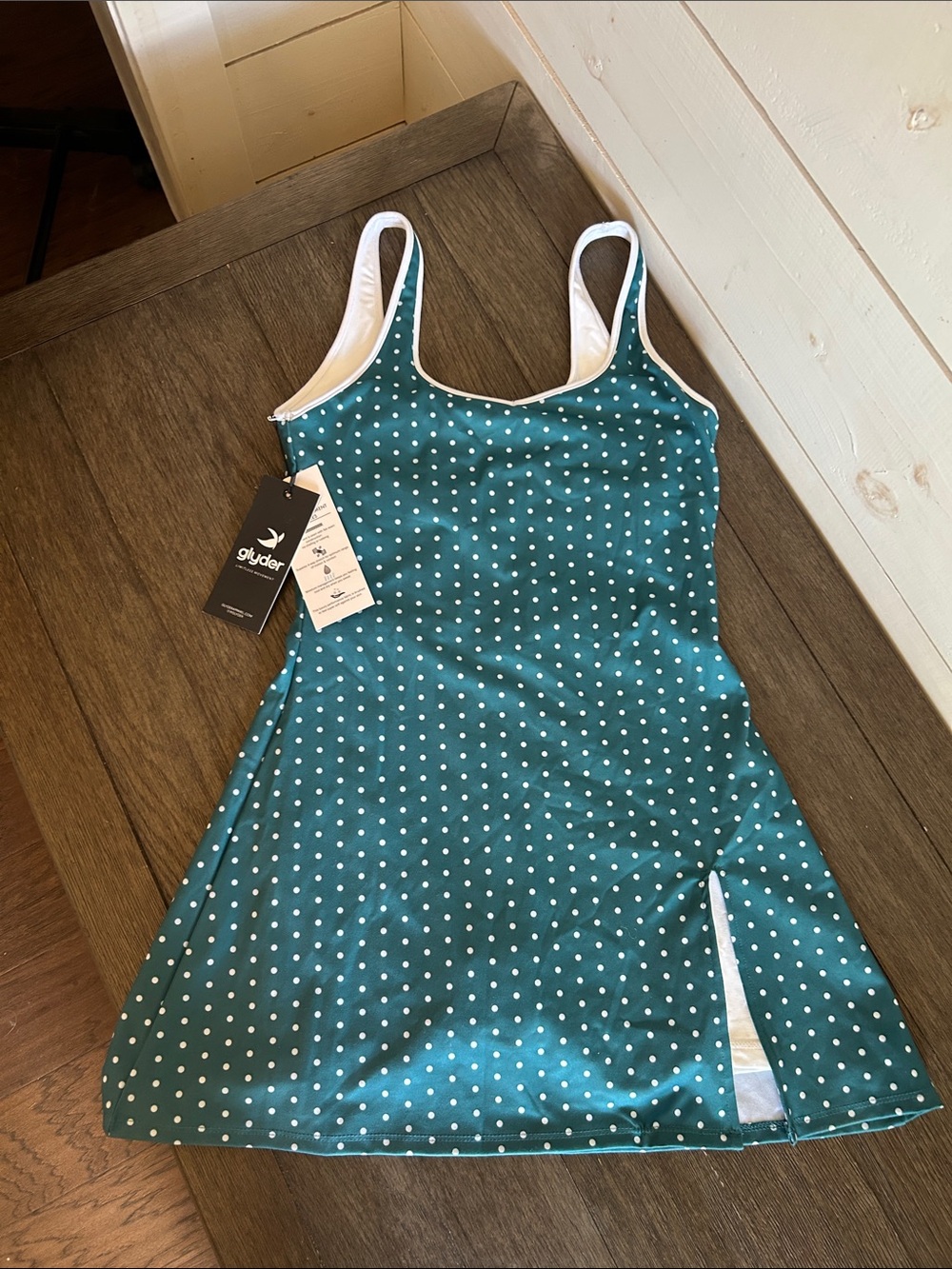 Glyder Teal Polka Dot Swim Dress with White Trim